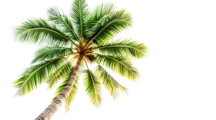 High-resolution photograph of a realistic coconut palm tree, isolated on a pure white background, cut out from transparent glass, no shadows or reflections, 