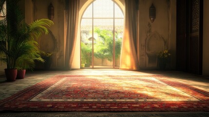 Sunlit Room with Ornate Rug and Arched Window