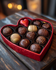 Valentine’s Day Chocolates Arranged in a Red Heart-Shaped Box, Symbolizing Love and Sweetness in a Classic Romantic Gift Presentation for the Special Occasion