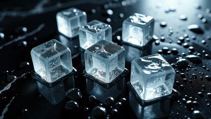 Melting ice cubes with water droplets on a black marble surface with reflections	