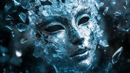 Naklejka premium A hauntingly beautiful scene where a crystal female mask shatters, its shards floating in a void, illuminated by cold, distant light, creating a cold, tense atmosphere. 