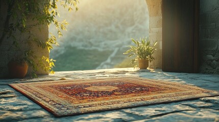 A Colorful Rug Laid Out on a Stone Patio With a View