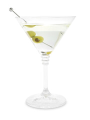 Martini cocktail with olives in glass isolated on white