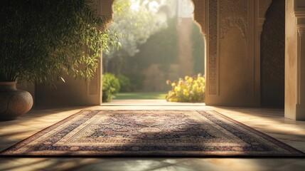 Ornate Rug in a Sunlit Room with an Open Archway