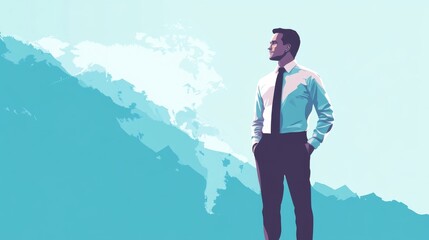 Fototapeta premium Successful Businessman Contemplating Global Opportunities, Visionary Leader on Top of Mountain