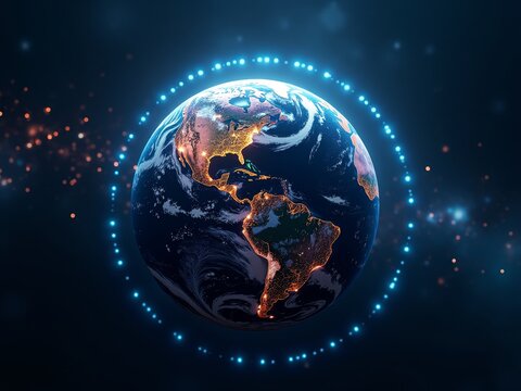 The Earth is a vibrant, glowing orb in space