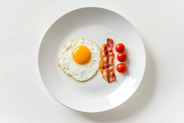 Fried Egg with Bacon, Tomatoes, and Parsley on a White Marble Background