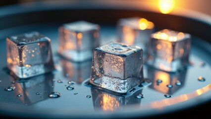 Melting ice cubes with water droplets on a metal tray in warm and cool lighting	