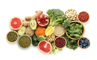 Many different superfood products isolated on white, top view