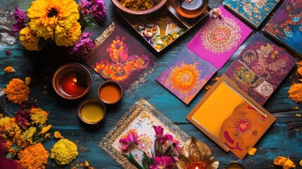 Floral and Candle Decor on a Blue Wooden Surface