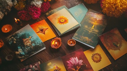 Scattered Cards with Floral Designs and Burning Candles on a Wooden Table