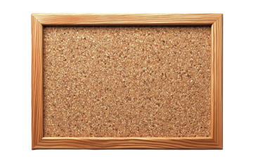 Rectangular cork bulletin board with wooden frame, isolated on transparent background, ideal for office supply marketing, memo board ads, or organizational visuals