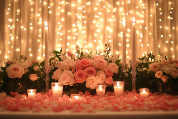 Luxurious Valentine's Day Table for Two with Pink and White Roses, Heart-Shaped Decor, Candles, and Fairy Lights, Creating a Soft, Romantic and Magical Ambiance