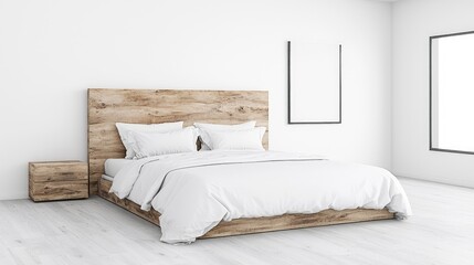 Minimalist bedroom design; white bedding, wooden headboard, large window