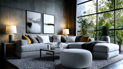 Fototapeta premium Modern grey sectional sofa sits in a contemporary living room with a concrete wall, warm lamps, and a large window overlooking lush green trees.
