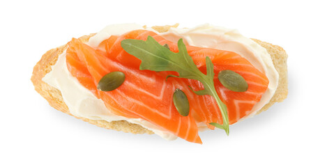 Delicious bruschetta with cream cheese and salmon isolated on white, top view