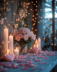 Luxurious Valentine's Day Table for Two with Pink and White Roses, Heart-Shaped Decor, Candles, and Fairy Lights, Creating a Soft, Romantic and Magical Ambiance