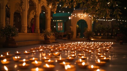 Rows of Lit Diyas in a Decorated Courtyard