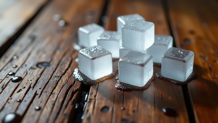 Melting ice cubes with water droplets on a rustic wooden surface in warm lighting	