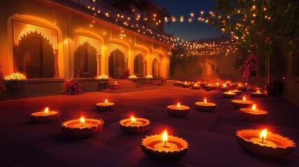 Lit Diyas Illuminate a Courtyard of an Ornate Building at Night
