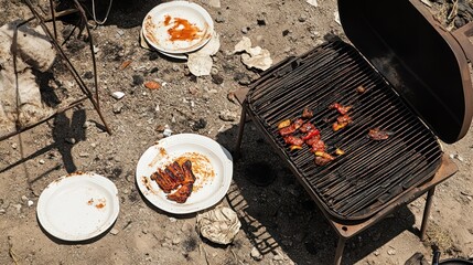 Leftover Grilled Food and Dirty Dishes on the Ground