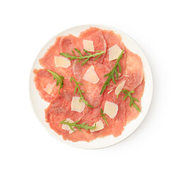 Delicious beef carpaccio with arugula and cheese isolated on white, top view