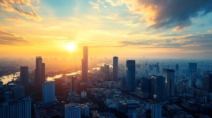 Fototapeta premium Stunning Sunset over Bangkok's Cityscape: A Breathtaking Panorama