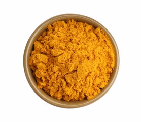 Turmeric powder in bowl isolated on white, top view