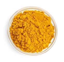 Turmeric powder in bowl isolated on white, top view