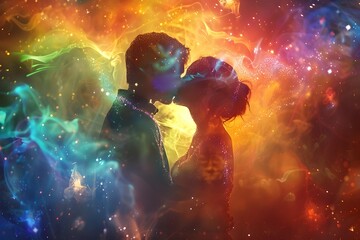 Joyous Embrace A Couple Surrounded by a Radiant Rainbow Halo Celebrating the Pure Beauty of Love