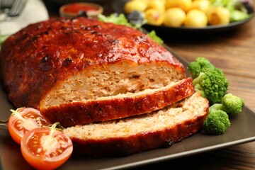 Delicious turkey meatloaf with vegetables on wooden table, closeup