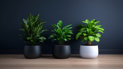 Obraz premium Three Lush Green Indoor Plants in Ceramic Pots on Wooden Surface