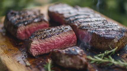 Close-up of Sizzling Grilled Steak with Rosemary on a Wooden Cutting Board