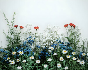 Vibrant Floral Illustration: Red and Blue Flowers with White Gypsophila on White Background