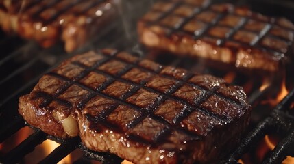 Close-up of a Juicy Steak Grilling on a Hot Grill