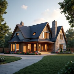 A serene suburban home with a well-manicured lawn and a warm, inviting porch