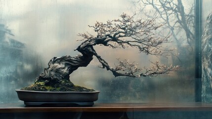 A Bonsai Tree With Twisted Branches and a Faded Background