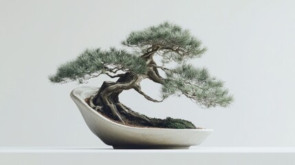 A Miniature Bonsai Tree with Twisted Branches in a Shallow Pot