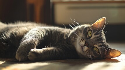A Gray Tabby Cat Relaxing with its Paws Tucked Underneath its Chest