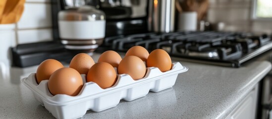 Fresh Eggs in Carton on Kitchen Counter