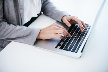 Woman hands, laptop and finance typing in office, email update and online for brainstorming budget....