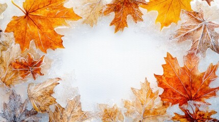 Frozen Autumn Leaves Surrounding a White Space