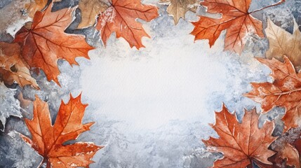Watercolor Painting of Autumn Leaves Surrounding a Blank Space