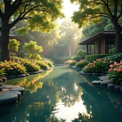 Fototapeta premium A serene and peaceful garden with a pond and flowers