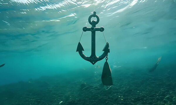 Submerged anchor with chain in blue ocean water, sunlight filtering throught the surface