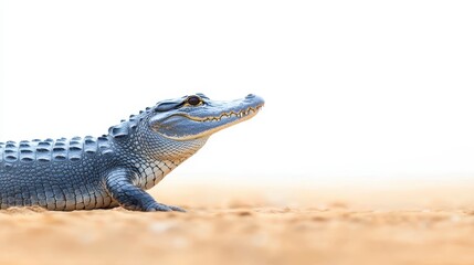 Naklejka premium Blue Alligator on Sandy Beach with Soft Background