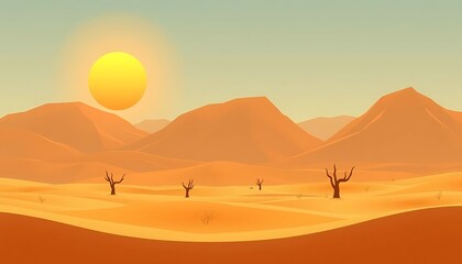 Desert Landscape with Sun and Dead Trees