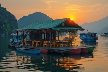 Beautiful floating restaurant at sunset in a serene bay surrounded by mountains