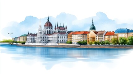 Naklejka premium Scenic View of the Parliament Building Along the Riverbank in a Vibrant Watercolor Style