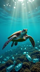 Fototapeta premium A sea turtle swimming through a sea of plastic bottles